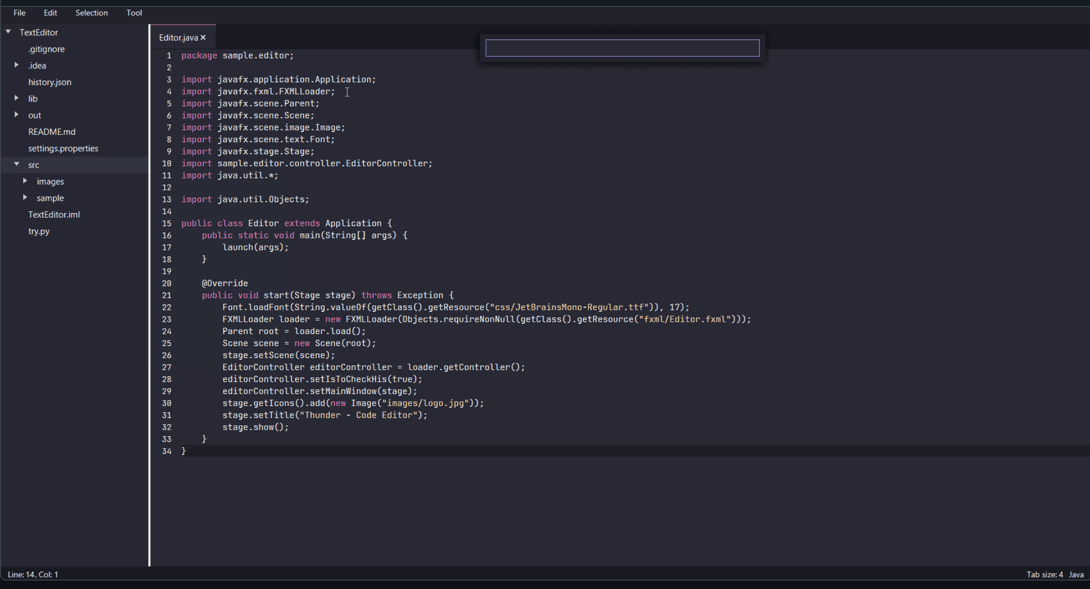 Thunder — Desktop Code Editor - Desktop / Systems Engineering project by Roshan Sharma showcasing Java, JavaFX, Desktop UI